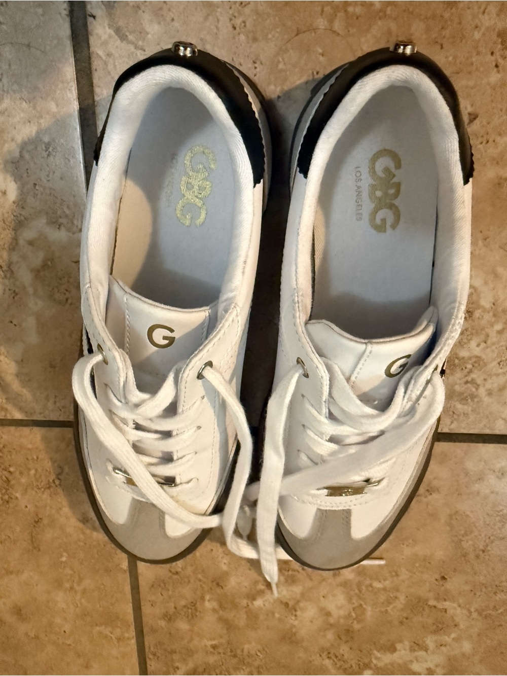 G by Guess White and Black Lace-Up Sneakers with Gold Accent